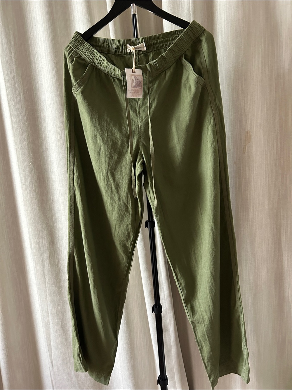 Jessica Simpson Olive Green Wide Leg Pants with Drawstring Linen and Viscose